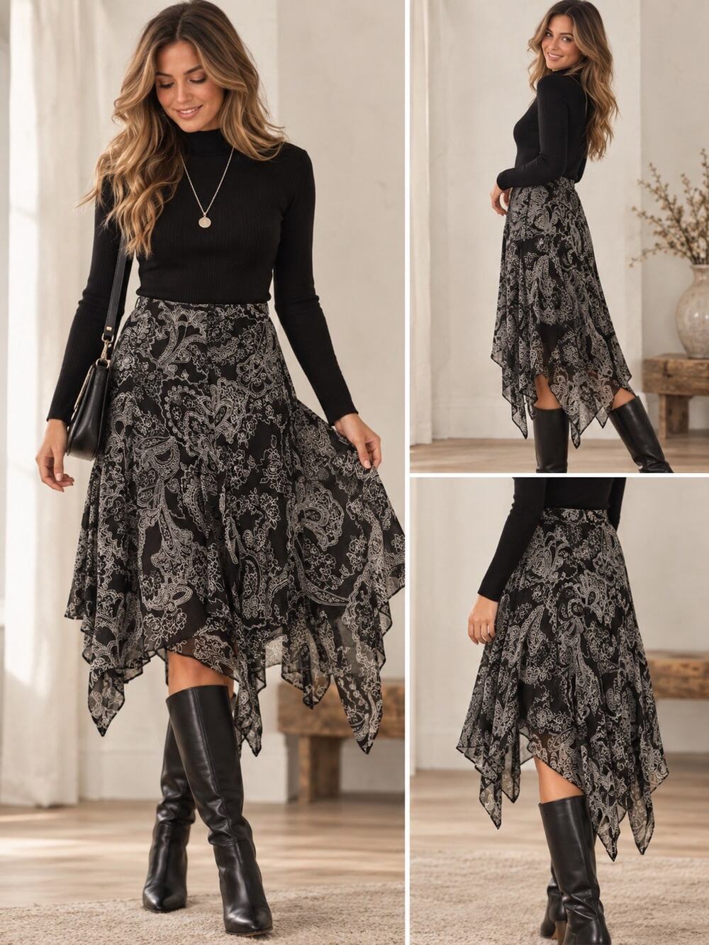 Lauren Ralph Lauren Women's Black White Paisley Silk Chiffon Midi Skirt Lined XL